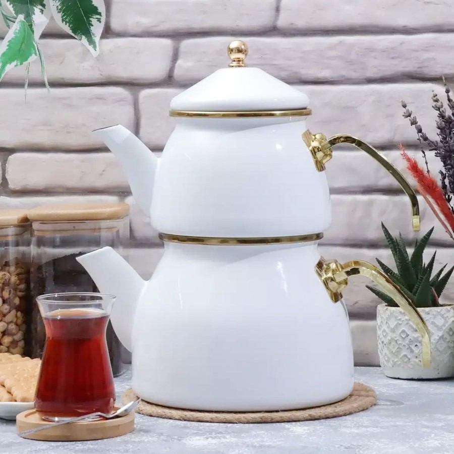 Drinkware Tea + Linen | White Enamel Double Tea Pot