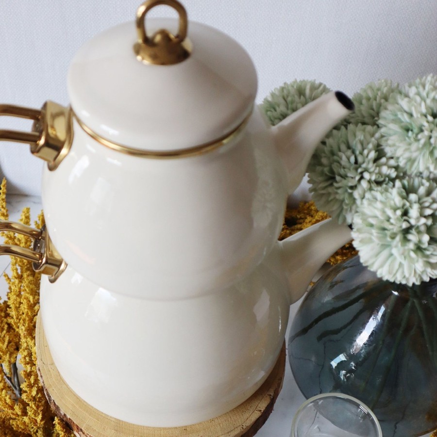 Drinkware Tea + Linen | White Enamel Double Tea Pot