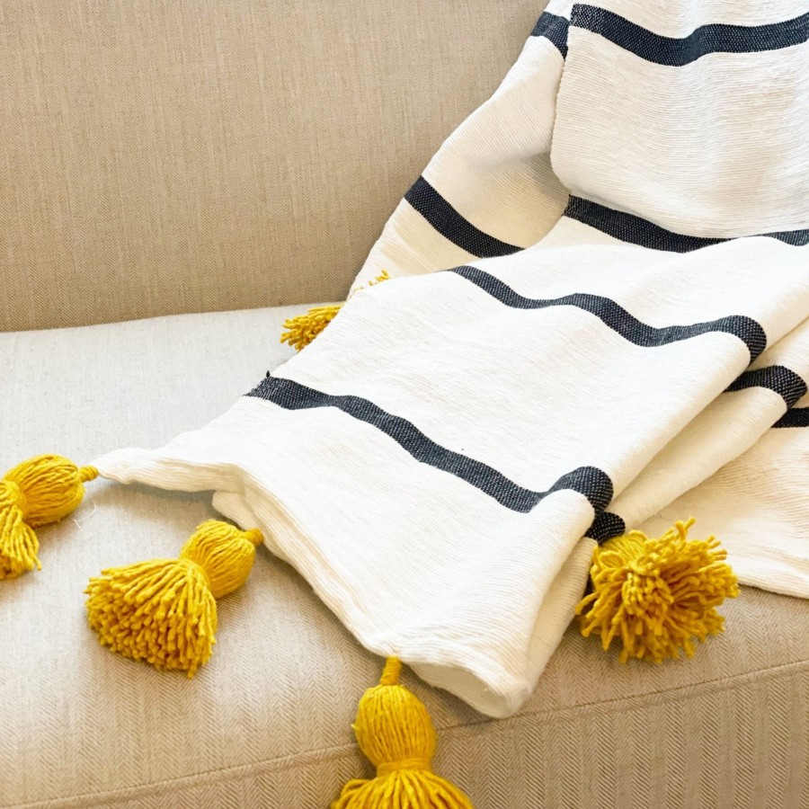 Pillows & Blankets Tea + Linen | Striped Throw With Yellow Pom Poms