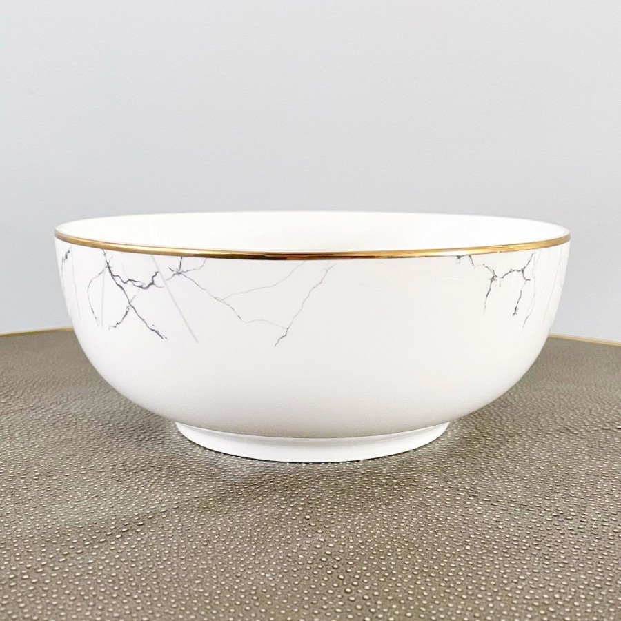 Serveware Tea + Linen | Marble And Gold Rim Serving Bowl