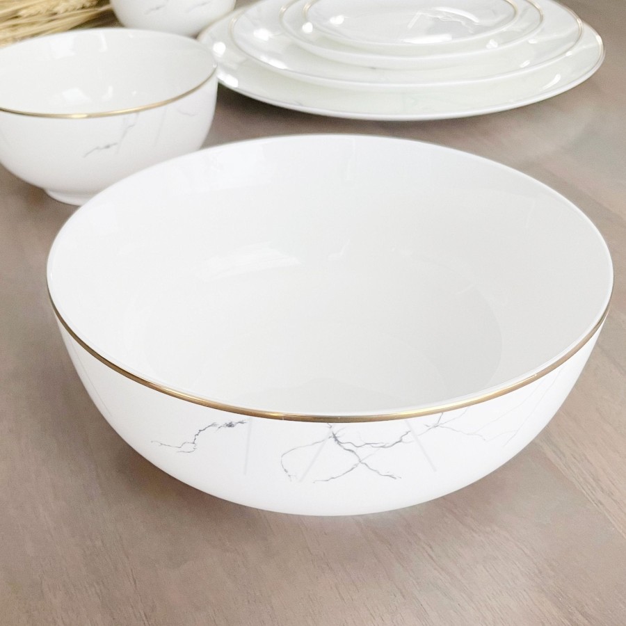 Serveware Tea + Linen | Marble And Gold Rim Serving Bowl