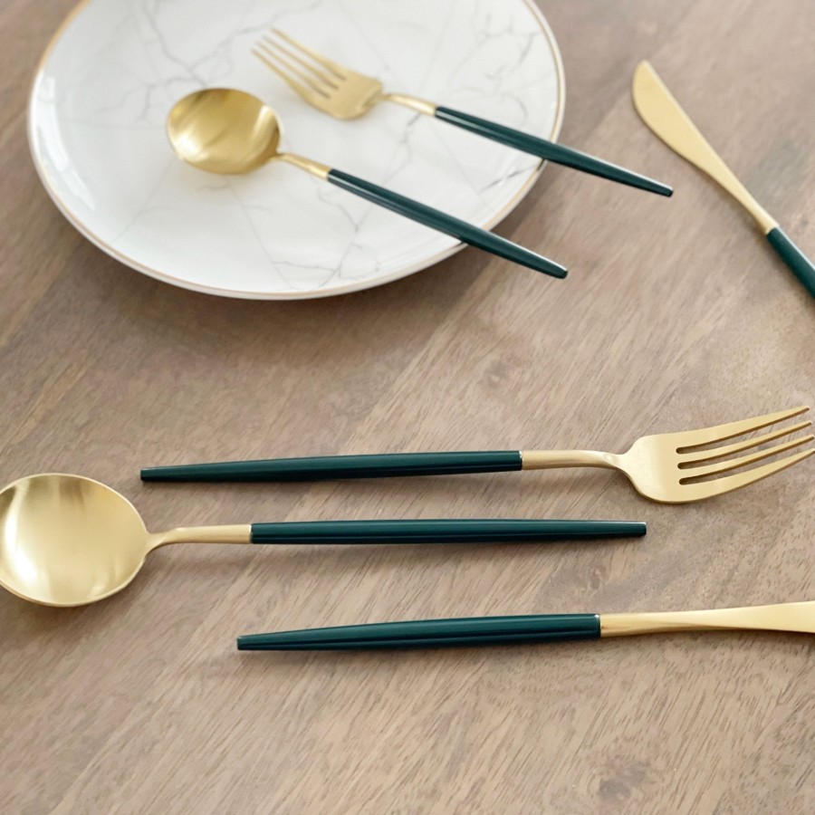 Flatware Tea + Linen | Altin 6 Piece Flatware Set - Forest Green And Gold