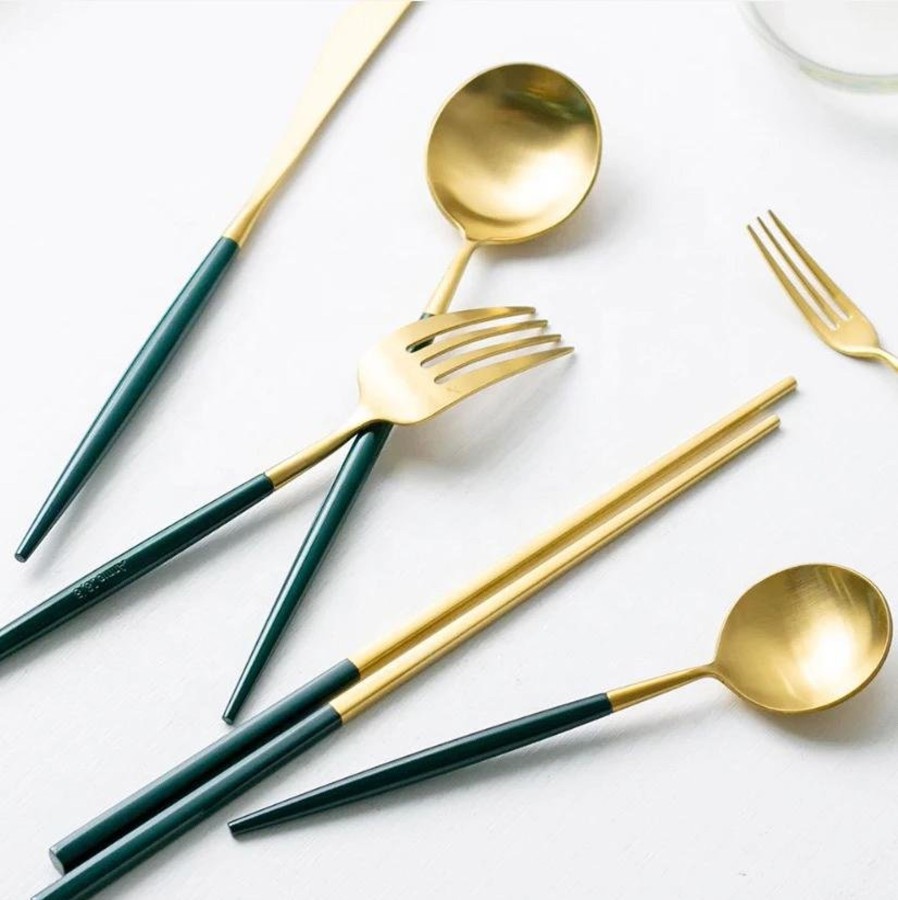 Flatware Tea + Linen | Altin 6 Piece Flatware Set - Forest Green And Gold