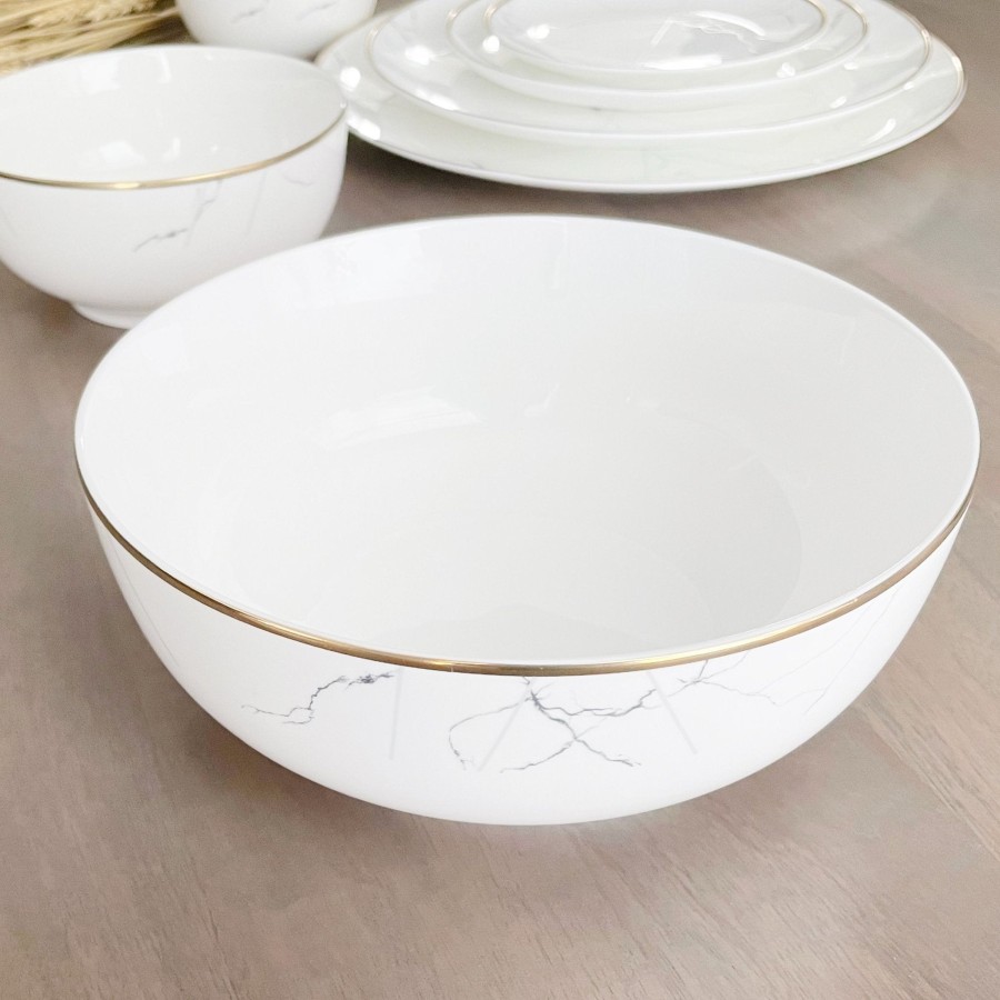 Dinnerware Tea + Linen | Marble And Gold Rim Serving Bowl