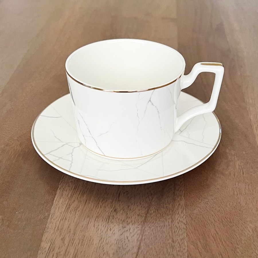 Drinkware Tea + Linen | Marble Coffee Cups And Saucers - Set Of 4