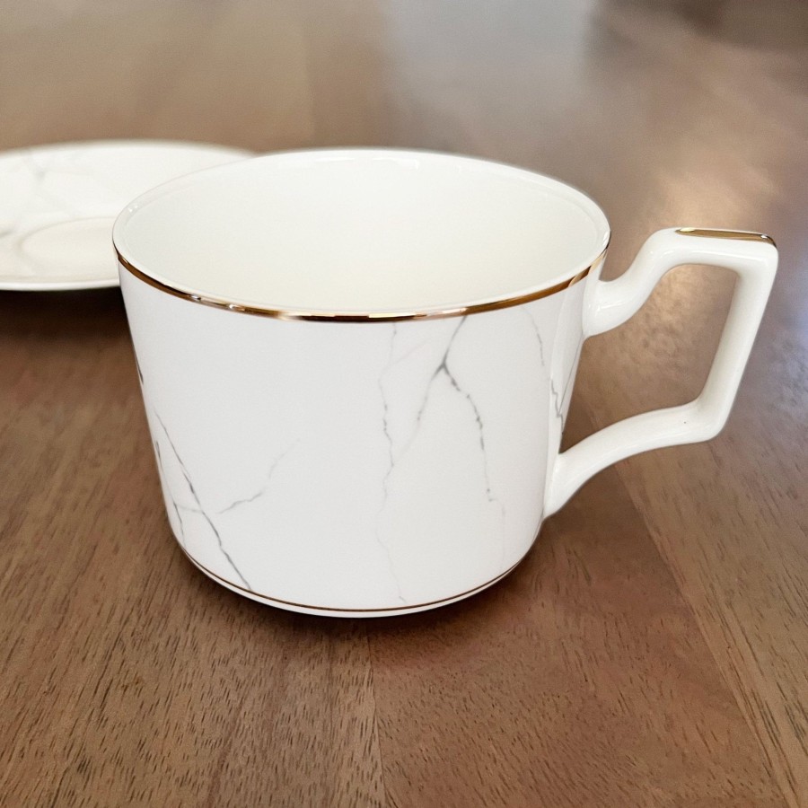 Drinkware Tea + Linen | Marble Coffee Cups And Saucers - Set Of 4