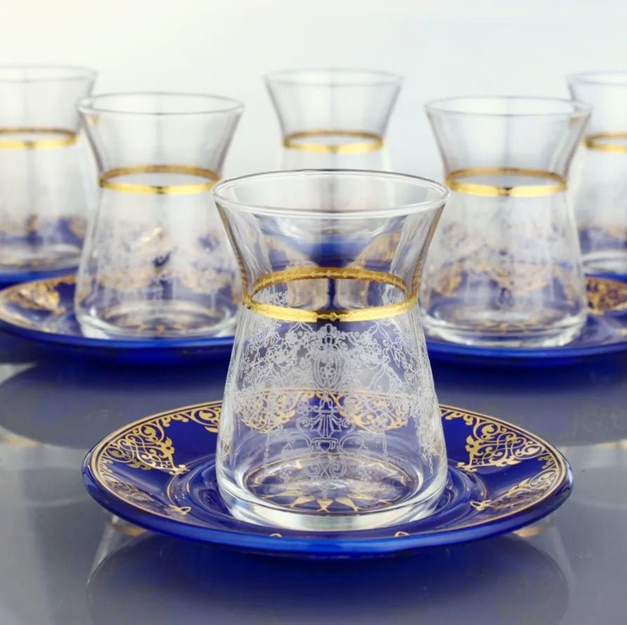 Drinkware Tea + Linen | Blue And Gold Turkish Tea Cups And Saucers