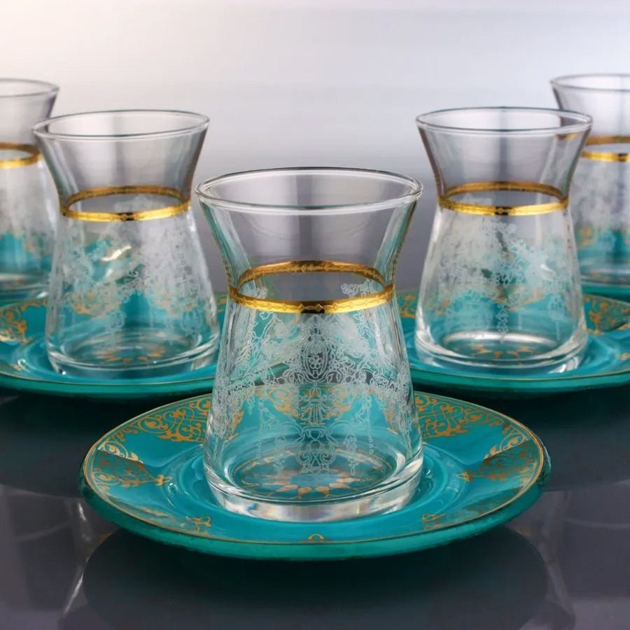 Drinkware Tea + Linen | Blue And Gold Turkish Tea Cups And Saucers