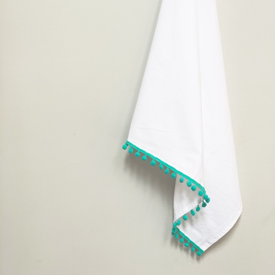 Tea Towels Tea + Linen | Teal Pom Pom Tea Towel