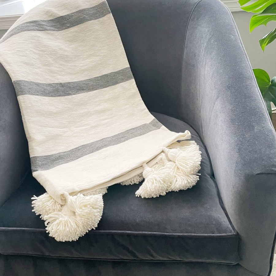 Decor Tea + Linen | Gray Stripe Pom Pom Throw