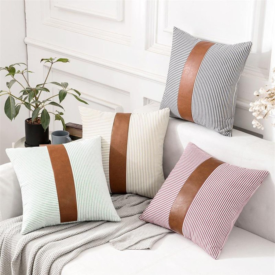 Decor Tea + Linen | Striped Pillow Cover With Faux Leather Accent