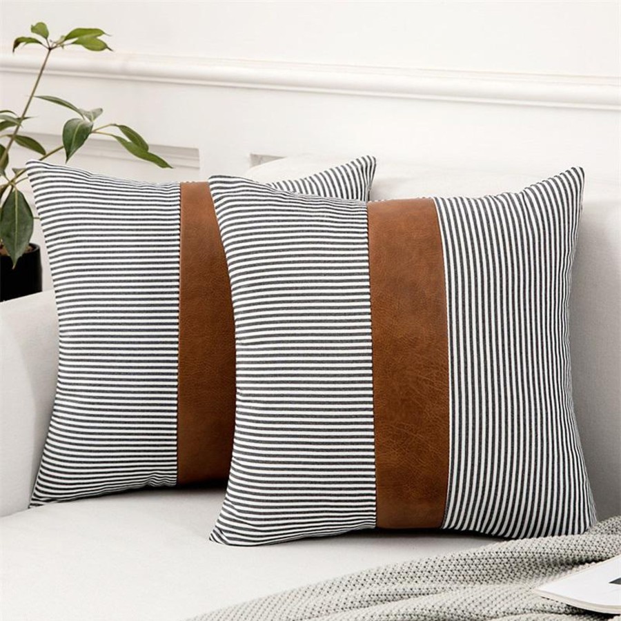 Decor Tea + Linen | Striped Pillow Cover With Faux Leather Accent