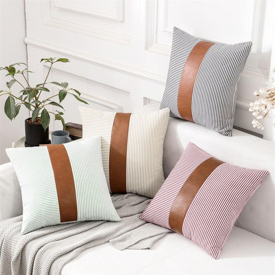 Pillows & Blankets Tea + Linen | Striped Pillow Cover With Faux Leather Accent