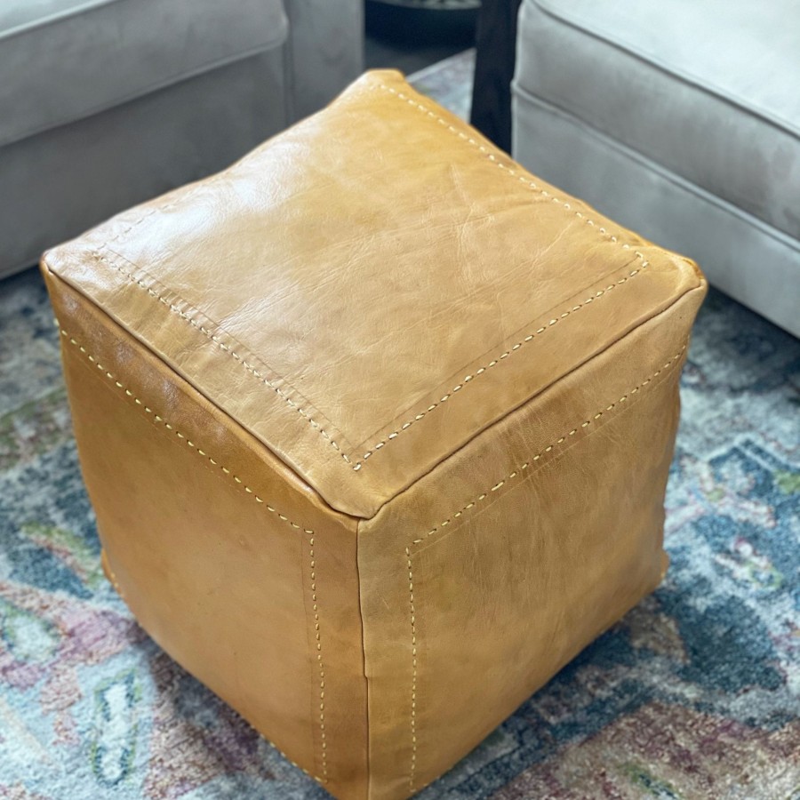 Decor Tea + Linen | Camel Square Leather Pouf