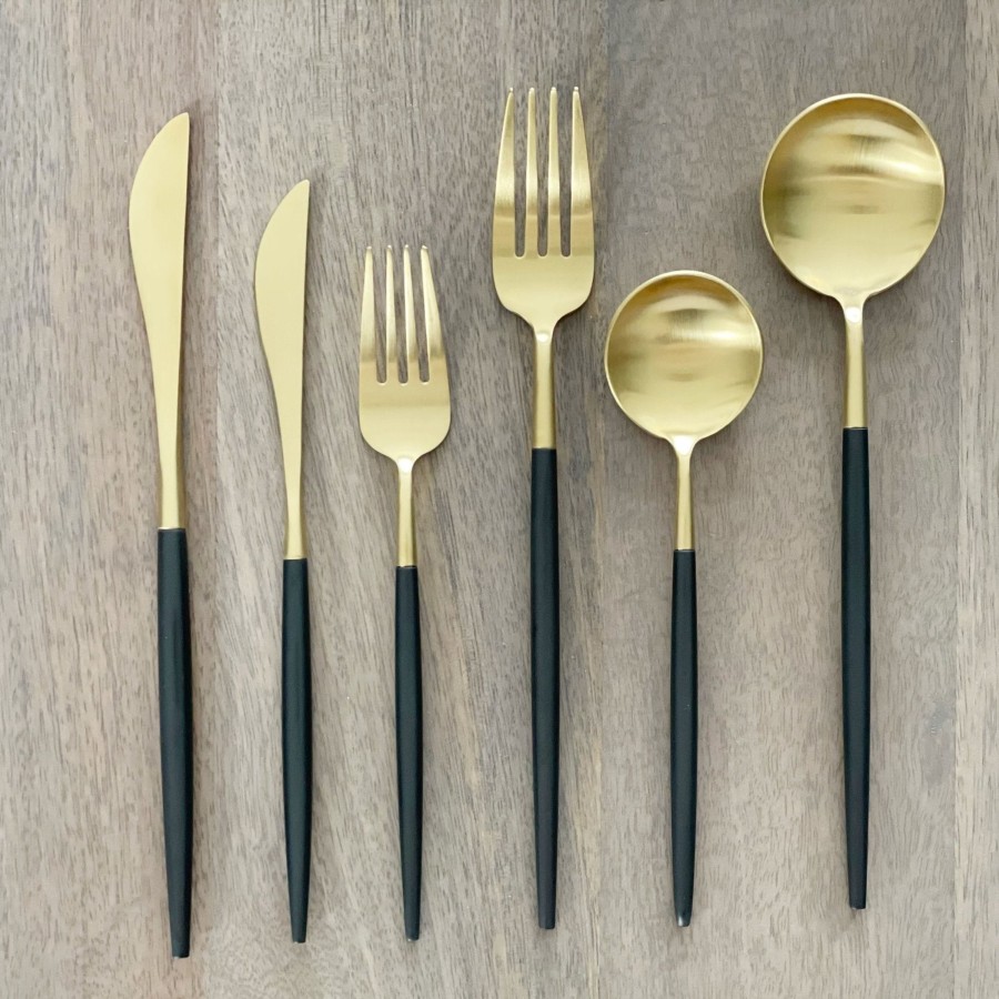 Flatware Tea + Linen | Altin 6 Piece Flatware Set - Black And Gold