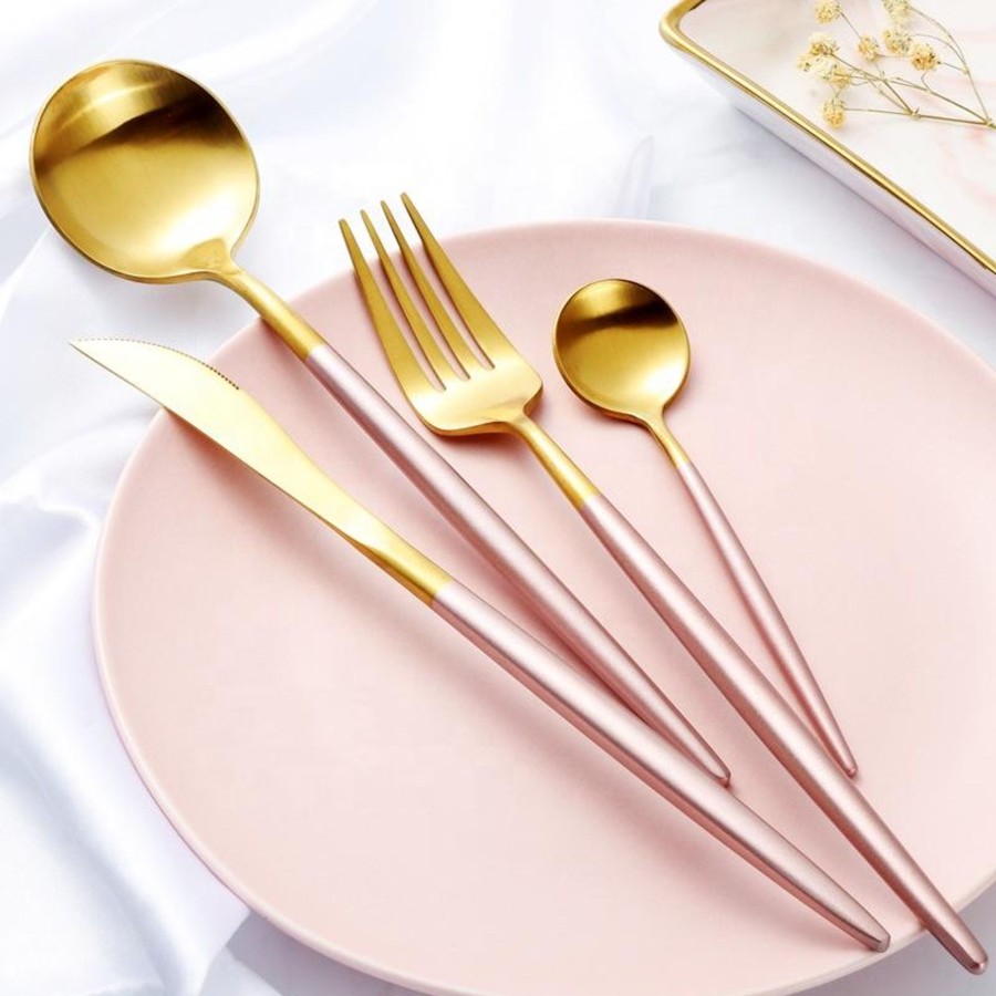 Flatware Tea + Linen | Altin 4 Piece Flatware Set - Pink And Gold